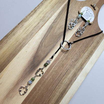 Monstera Leaf Crystal & Jade Lariat Necklace & Earring Set